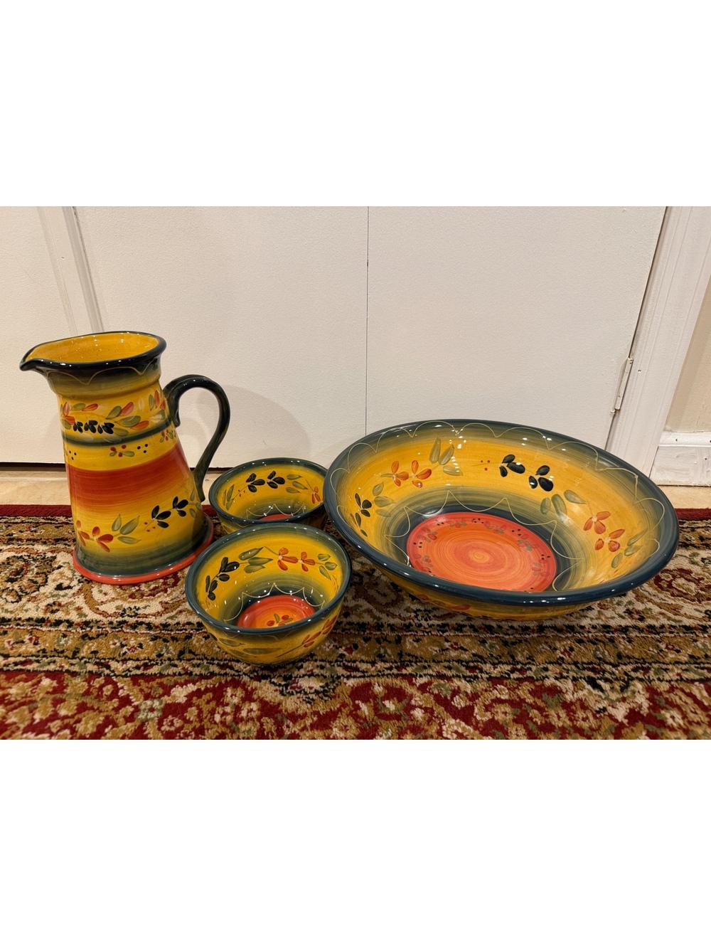 Tabletops Gallery La Province Corsica Hand Painted Large 15" Bowl & 10" Pitcher